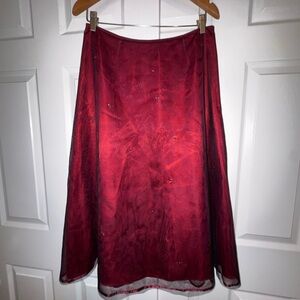 Express Y2K Sheer Mesh Midi Skirt Red Black Beaded Overlay